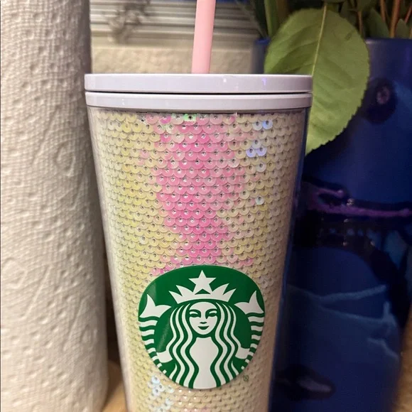 Starbucks | Sequin White Tumbler with Pink Straw and Green Logo - Picture 4 of 16